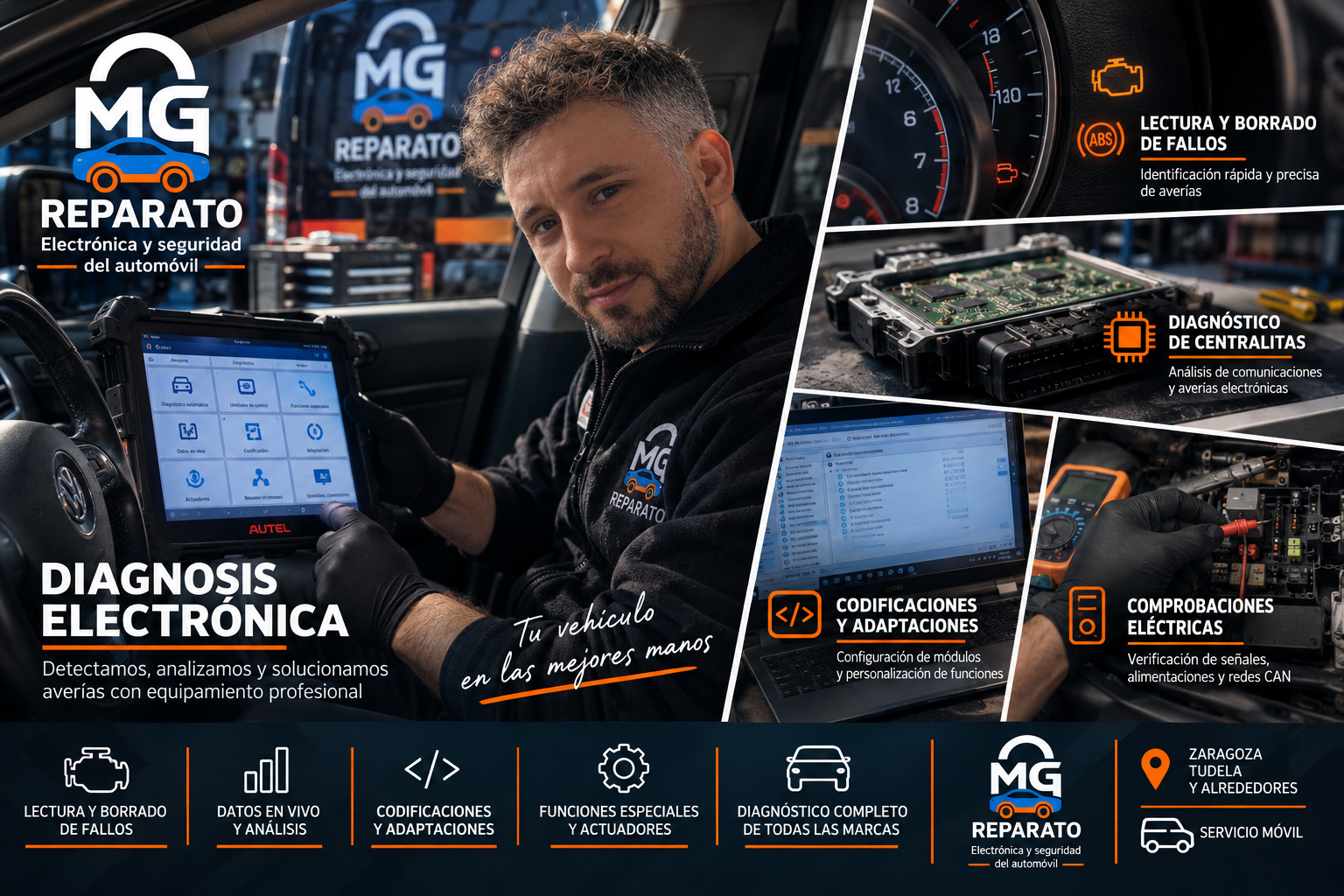 Técnico de MG Reparato realizando diagnosis electrónica de un coche con equipo profesional en Zaragoza y Tudela