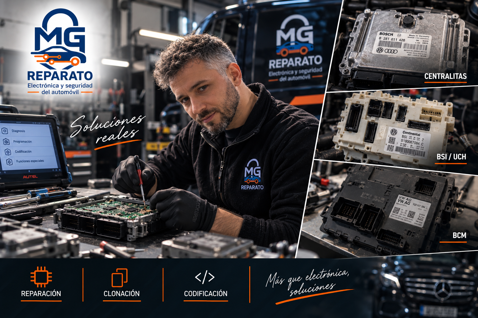 Técnico de MG Reparato reparando una centralita de coche junto a módulos BSI, UCH y BCM en Zaragoza