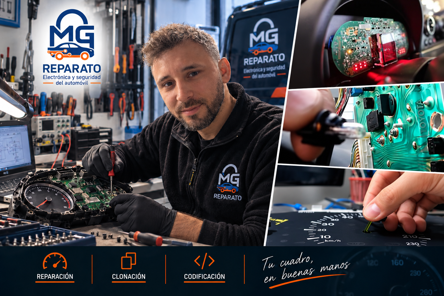 Técnico de MG Reparato reparando un cuadro de instrumentos de coche en Zaragoza